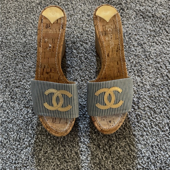 Chanel Gray and Gold Wedge Sandals